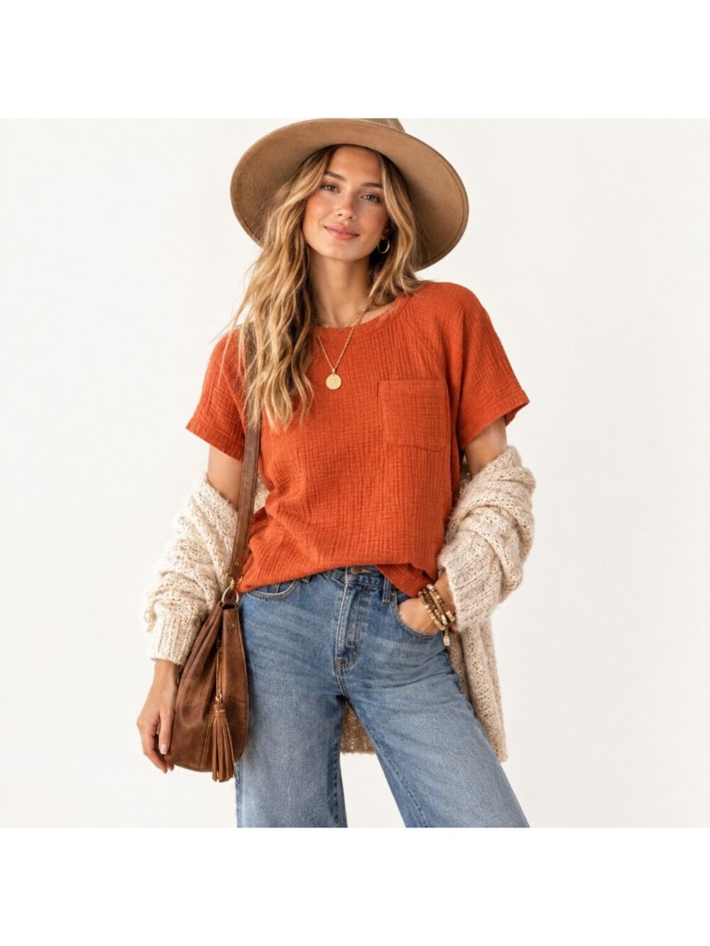 Madewell Women's Orange Rust Cotton Double Gauze Button Back Pocket S Boho